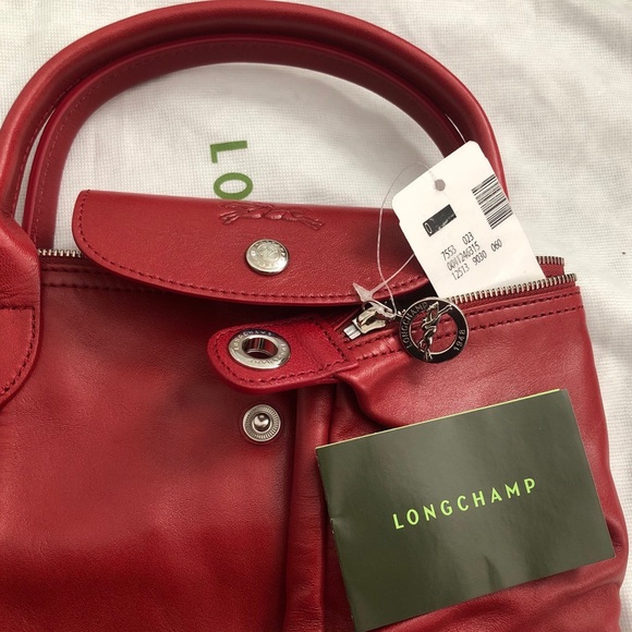 New NWT authentic Longchamp Le Pliage M red leather tote crossbody bag w strap - Picture 7 of 8